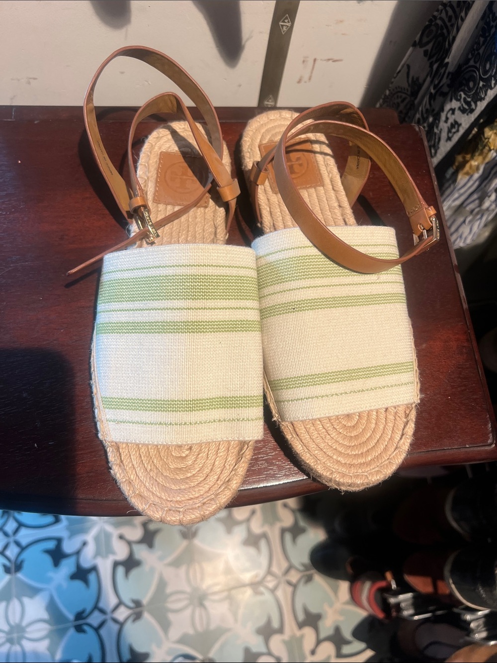Tory Burch Women’s Green Stripe Canvas Espadrille Sandals